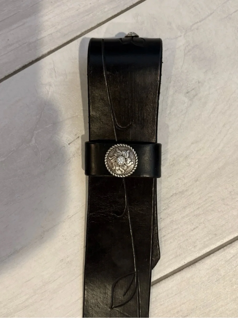 Vtg Al Stohlman Black Leather Belt Floral Rhinestone Western Boho Cowgirl Rodeo